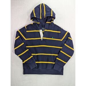 Polo Ralph Lauren Boys L(14-16) Navy w/Yellow Stripes Pullover Hoodie 1/4 Button